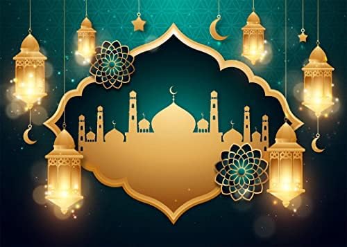 Loccor 7x5ft Tesatura verde ramadan fundal Banner lanterne de aur Moschee fotografie fundal Eid Mubarak Decor Islamic Muslim