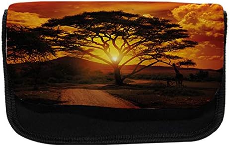 Carcasă de creion lunarabil la soare, orizont lone copac Africa, pungă creion cu stilou din țesătură cu fermoar dublu, 8,5 x 5,5, negru portocaliu