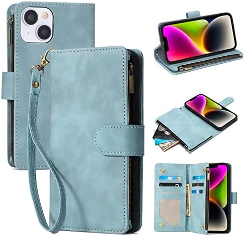 LANYOS pentru iPhone 14 Pro portofel caz cu suport pentru Card pentru femei barbati PU din piele Kickstand fermoar Flip Folio RFID blocare Card sloturi telefon capac cu curea de mână