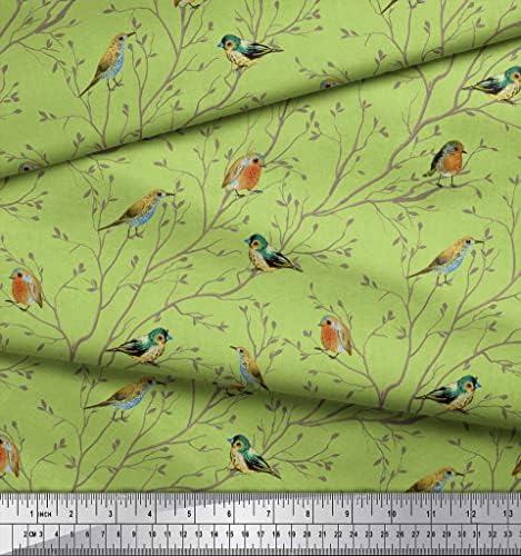 Soimoi Verde Bumbac Voile Fabric frunze & amp; Flowerpecker Bird Tesatura de imprimare de metru 58 Inch larg