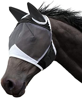 Mască de zbor pentru cai JAKI cu urechi Super Comfort husă de față pentru cal cu plasă elastică, măști de protecție a ochilor din țesătură respirabilă pentru cai