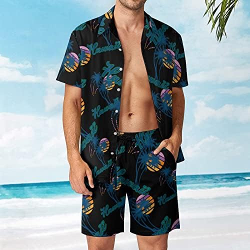 Hawaii Palm Tree pentru bărbați din 2 bucăți de plajă Button Hawaiian Button în jos cu mânecă scurtă și costume scurte