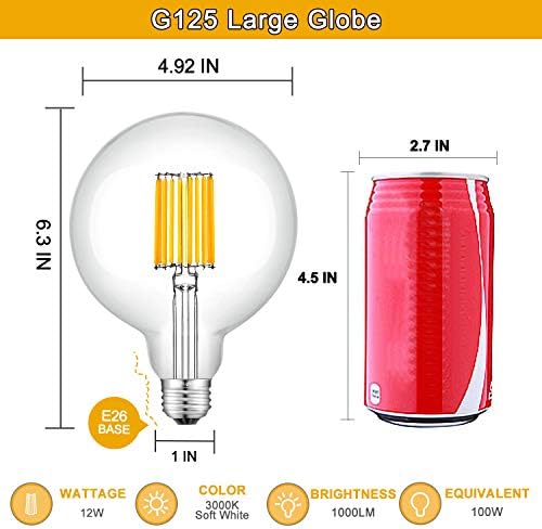 CRLight 12W Dimmable LED glob mare bec 100W echivalent 1000lumen, 3000k moale alb E26 de bază, antic Edison G125 mare clar sticlă LED Filament Becuri, buna versiune de reglare