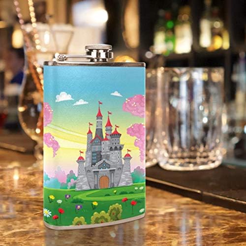 Hip Flask pentru lichior din oțel inoxidabil Leakproof cu pâlnie 7.7 oz capac din piele mare cadou idee Flask-Fantasy Castle