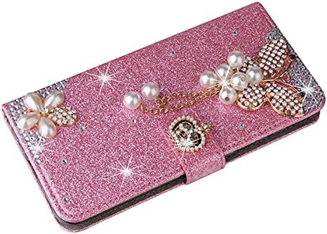 XYX portofel caz pentru iPhone 13 6.1 Inch, Bling Glitter Crown Butterfly Diamond Flip Card Slot de lux fata Femei telefon acoperi pentru iPhone 13, Roz