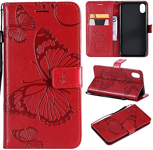 MEMAXELUS portofel caz pentru iPhone Xs Max, iPhone Xs Max telefon caz cu Kickstand Card titularul Slot magnetice Flip caz de lux PU piele caz de protecție pentru iPhone Xs Max 6.5 inch Butterfly Red KT