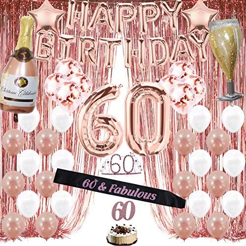 Decorațiuni de 60 de ani de la Rose Gold pentru femei, 60 de nașteri pentru petreceri de naștere includ perdele cu franjuri,
