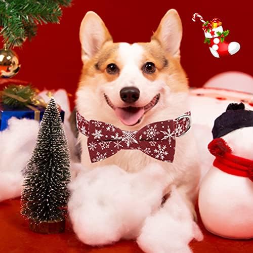 Guler de câine de Crăciun cu papion, guler de câine cu model de Crăciun cu fulgi de zăpadă, moale rezistent la bumbac reglabil