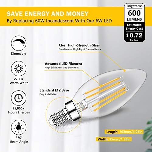 12-Pack Dimmable E12 LED Candelabre Becuri 60W echivalent, 2700K moale alb cald, 600 lumeni B11 lumânare de bază 6w C35 LED