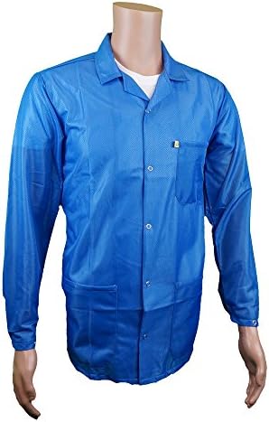 Jacheta ESD de îngrijire statică, 90% poliester, 10% țesătură de carbon cu guler cu rever și manșetă, albastru, mare