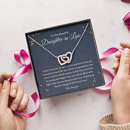 Bijuterii cu carduri de mesaje, colier handmade-cadou personalizat interblocând inimi, pentru nora noastră cadou în ziua nunții,