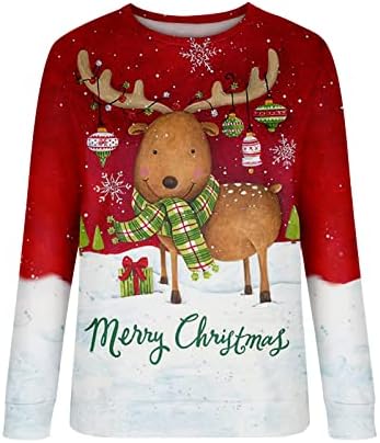 Crăciun Maneca lunga Tee Tricouri pentru femei colorat Mos Craciun T-Shirt cerb imprimare Xmas Crewneck tricou Pulover Topuri