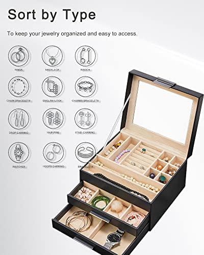 Cutie de bijuterii MILONT pentru femei, organizator de bijuterii cu 3 straturi cu capac Transparent, 2 sertare, colier mare