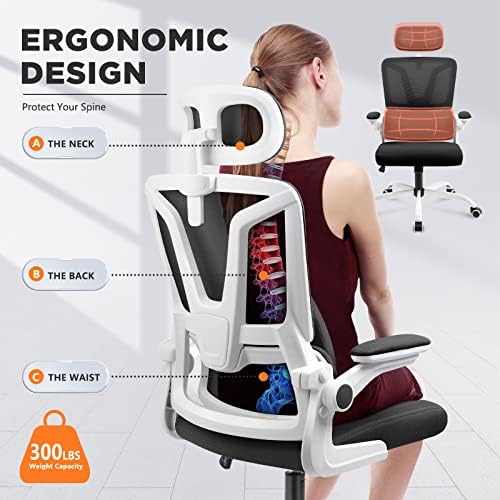 Scaun de birou Ergonomic Soontrans negru cu pernă de sprijin lombar, scaun de birou din plasă cu brațe reglabile și tetieră,