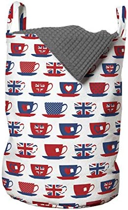 Ambesonne Tea Party sac de rufe, Marea Britanie tematice Teacup forme cu model Union Jack inimile steaguri, Coș împiedică cu mânere Cordon închidere pentru spălătorii, 13 x 19, Albastru de noapte Vermilion