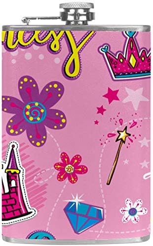 Balon de șold pentru lichior din oțel inoxidabil Leakproof cu pâlnie 7.7 oz capac din piele mare cadou idee balon-fete roz Castel coroana Bagheta Magica Cadouri Flori Printesa