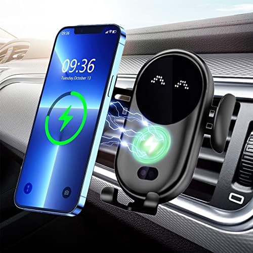 Încărcător auto fără fir 10W Încărcare rapidă clemă de detectare automată LED imagine zâmbet telefon mobil încărcătoare auto montare telefon, Suport telefon aerisire pentru iPhone, Samsung, Huawei-Negru