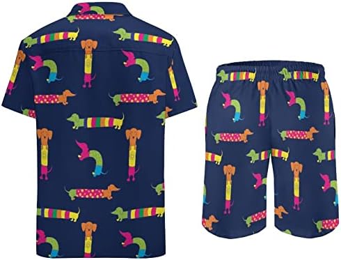 Colorate Dachshund Dog pentru bărbați din 2 piese Outfituri pe plajă Button Hawaiian în jos, cămașă cu mânecă scurtă și pantaloni