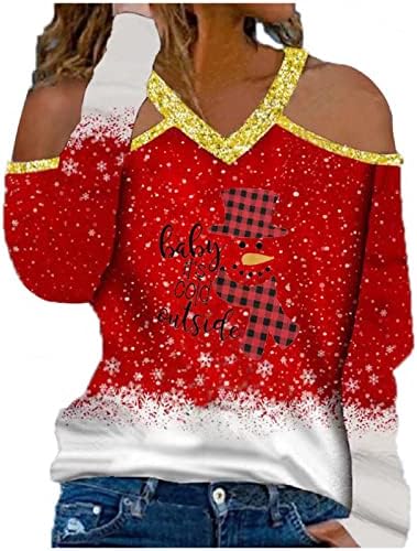 Tricou cu mânecă lungă de Crăciun V de Crăciun pentru femei drăguțe bloc de culori amuzant imprimeu bluză fără bretele
