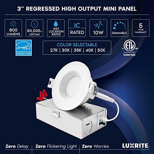 LUXRITE 3 Inch LED încastrat plafon lumina cu cutie de joncțiune, 10W, 5cct selectabil 2700k/3000k / 3500K / 4000K / 5000K,