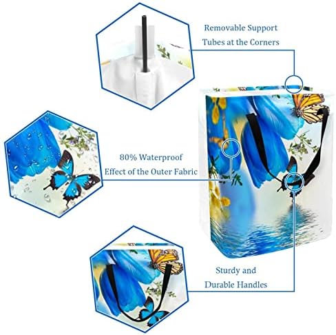 Fluture lalele albastre cu imprimeu Mimosa coș de rufe pliabil, 60L coșuri de rufe impermeabile coș de spălat haine jucării