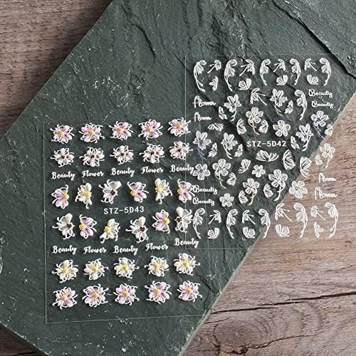GSHLLO 4 foi de flori autocolante de artă de unghii 5d decalaje de unghii în relief, autocolante de manichiură florală