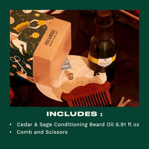The Body Shop Fuzz & Nuzzle Beard Care Gift Gift Set, Vegan, Cedar & Sage Ulei, pieptene și foarfece, 6,91 FL Oz