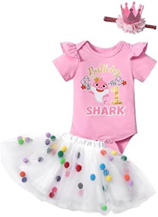 ADIRUN Baby Shark Birthday Outfit ciufulit Shirt + Tutu Rochie + bentita 3pcs set Toddler haine pentru fete