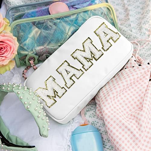 Sineda Chenille scrisoare machiaj Bag MAMA Nylon Husă cu patch-uri cosmetice Preppy Bag Travel Toiletry Bag pentru organizarea
