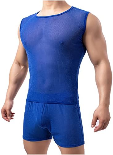 Cămăși musculare pentru bărbați fără mâneci fără mâneci Mușchi Tank Vezi prin bluză Color Solid o Neck Slim Fit Tops de vară
