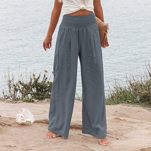 Pantaloni pentru femei elastice talie elastică tracțiune de bumbac pantaloni cu picioare largi cu buzunar casual casual long