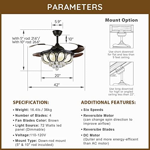 Moooni Fandelier Lame retractabile Ventilatoare de tavan cu lumini și telecomandă, Kit de lumină ventilator candelabru de cristal
