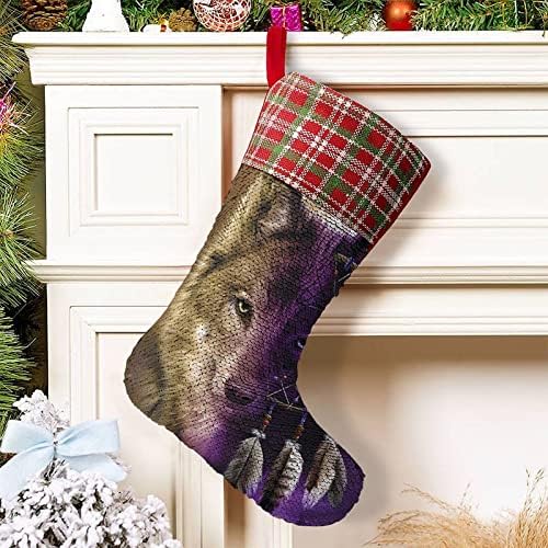 Wolf DreamCatcher Sequin Christmas Holiday Stockings Reversible Color Schimbare stoc magic pentru șemineu pentru copaci de