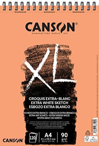 Canson XL Extra White Sketch 90 A4 Hârtie, cereale fine, Spiral Pad Side, 120 de coli, ideale pentru artiști și ilustratori