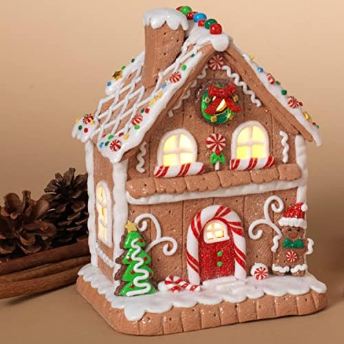 One Holiday Way 7.5-Inch Light up LED Crăciun Faux Gingerbread House Figurine cu accente de om și bomboane - Decor de sat pre-construit