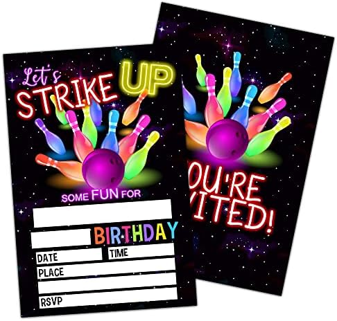 NYCTUG Haideți să ne lovim! Invitație pentru petreceri de naștere, Neon Glow Bowling Vintage Laser Carduri pentru copii ， băieți