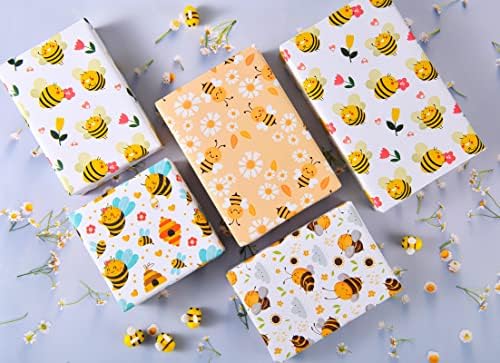 Titiweet Bee Wrapping Paper - ziua de nastere hârtie de ambalaj pentru fete femei, 12 foi albine wrap pentru ziua de nastere