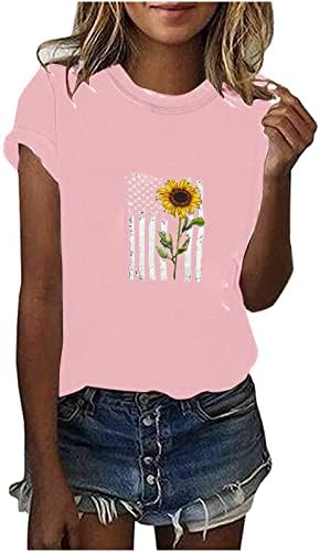 American Flag Flower Sunflowers Women’s SUA Drăguț Floarea soarelui O-Neck Tricouri cu mânecă scurtă 4 iulie Patriotice Patriotice