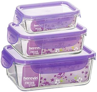 Containere de depozitare a alimentelor 3buc sticlă w / Violet top capace cuptor cu microunde/cuptor congelator sigur