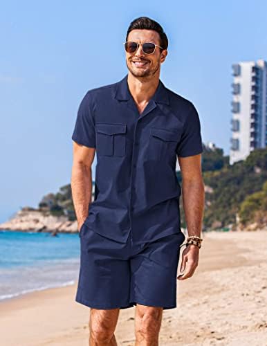 Coofandy pentru bărbați din 2 piese seturi de lenjerie cu mânecă scurtă, cămașă și pantaloni scurți de vară Casual Beach Beach