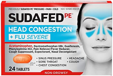 Congestie cap Sudafed PE + gripă comprimate decongestionante Severe pentru adulți, 24 ct