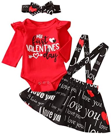 Nou -născuți fete pentru copii Valentine's Outfits Prima mea Ziua Îndrăgostiților Romper Love Heart Suspendent Fustă de cap