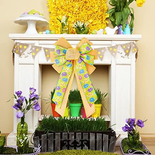 SIMISI panglică Paște coroană mare arc pânză de pânză cu fir Ribbbon arc cu ouă de iepuraș ornamente pentru ușă pentru ziua