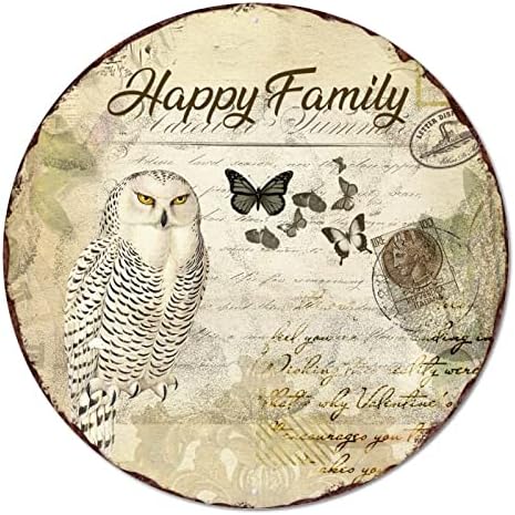 Semn rotund de staniu metalic Rusty Happy Family Owls Butterfly Letters Old și Poștale Poștale Amuzante Sign Room Cameră Vintage