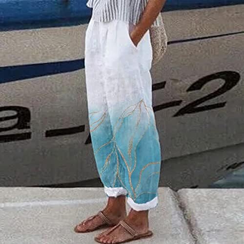 Bumbac lenjerie pantaloni pentru femei Casual Vara Capri pantaloni cu buzunare mare Waisted confortabil Plaja pantaloni păpădie