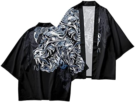 Set de cardigan de kimono japonez masculin, elegant, o haină frontală deschisă deschisă cu pantaloni decupați în stil chinezesc