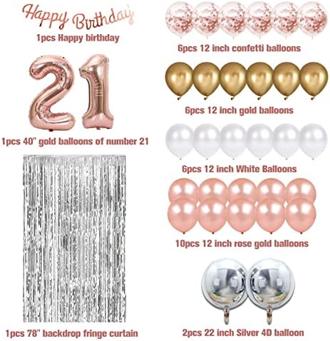 21 de decorațiuni de naștere pentru ea, 21 de decorațiuni de ziua de naștere cu baloane de aur de trandafir, banner la mulți