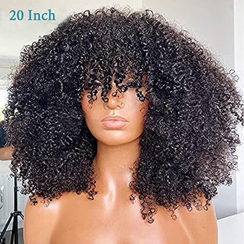 Eyelissom afro peruca cret Kinky cu breton Brazilian Virgin Curly peruca de par uman 200% densitate full Machine Made Scalp