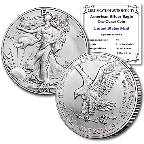 2021 1 Oz Silver American Eagle Coin Brilliant Necirculat cu Cutie de mentă din Statele Unite și un certificat de autenticitate