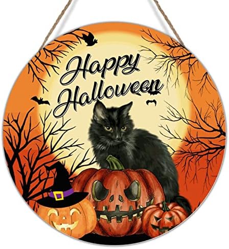 Pălărie vrăjitoare de Halloween Pumpkin Cat Round Welcome Welcome Sign Halloween Front Front Ușă Happy Halloween Moon Bat Bat